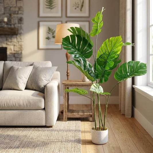 OUTLANE 4ft Artificial Monstera Deliciosa Plant in Pot, Faux Tropical Palm Tree with 10 Lifelike Leaves, Tall Fake Floor Plant for Indoor Outdoor Home, Office, Porch Decor