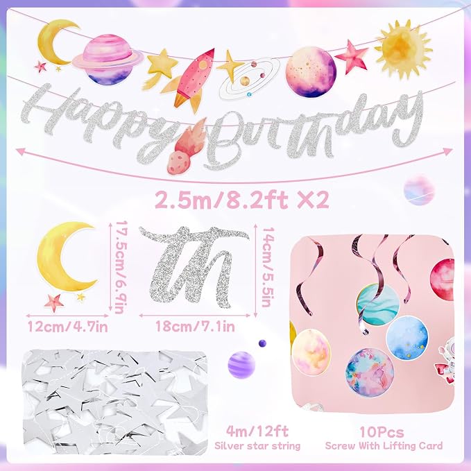 Pre-strung Space Party Decorations for Girls, Pink Space Themed Party, Pastel Outer Space Party Decorations, with 2 Banners, Solar System Planet Swirl Streamers, Hanging Dazzling Star Garlands for Kids, Girls