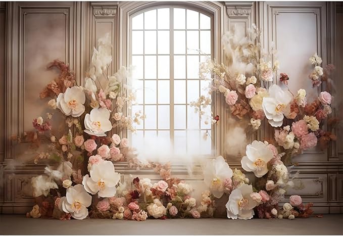 European Style Interior Room Backdrop 8x6ft Art Oil Painting Flowers French Window Photography Background Birthday Bridal Shower Women Girl Home Room Office Decor Banner Photo Studio Props