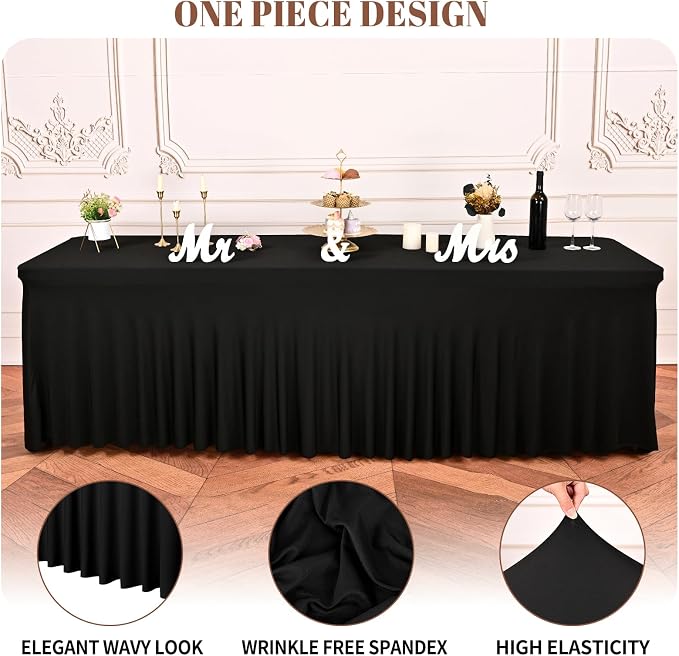 6 Packs Black Stretch Table Skirts for 8 Foot Rectangle Table, Washable Spandex Stretch Tablecloths with Skirt, Wrinkle Resistant Fitted Tablecover for Wedding Party Banquet
