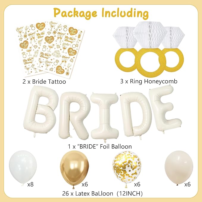Vlipoeasn 39PCS Bachelorette Party Decorations Kit, Sand White Bride to Be Party Decorations, Bride to Be Sash & Veil, Tattoo Sticker, Foil Curtains, Balloons, Bridal Shower Party Supplies
