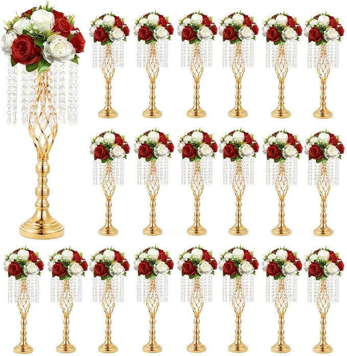 20 pcs 21.65 Inch Wedding Gold Flower Centerpieces Crystal Metal Flower Vase Wedding Centerpieces for Tables Decorations