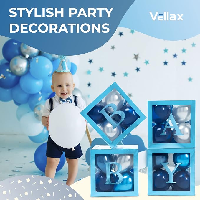 44-Piece Baby Shower Decorations for Boy or Girl - 4 Boxes with Letters and 32 Balloons - Royal Navy Blue and White - Gender Reveal Party Supplies - Photo Shoot Backdrop