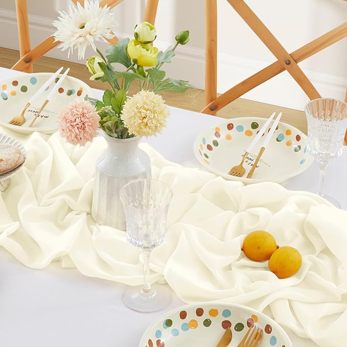 Horbaunal 12 Pack Ivory Chiffon Table Runners 10FT Sheer Chiffon Runner 29x120 Inches Romantic Boho Rustic Table Runner for Wedding Party Bridal Baby Shower Table Decorations