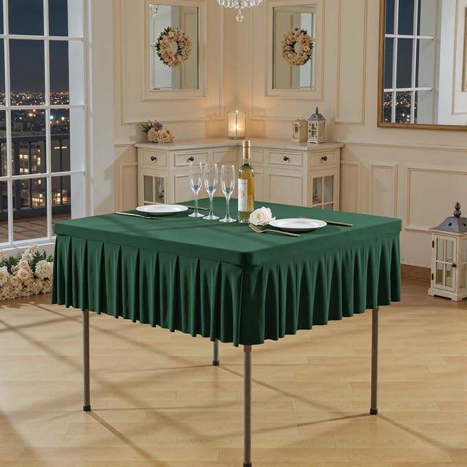 Shillance 34x34 Inch Green Spandex Square Tablecloth,Wrinkle Free Green Fitted Table Cloth for Square Tables,Washable Pleated Table Cover for Wedding Birthday Cocktail Party Buffet Dinner Camping