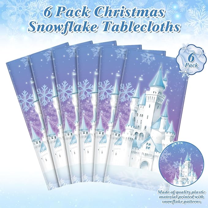 NatNarr 6 Pack Frozen Tablecloth, 54 x 108 Inch Snowflake Plastic Tablecloths Blue and Purple Snowflakes Table Cover, Winter Wonderland Table Cloth for Holiday Frozen Birthday Party Supplies