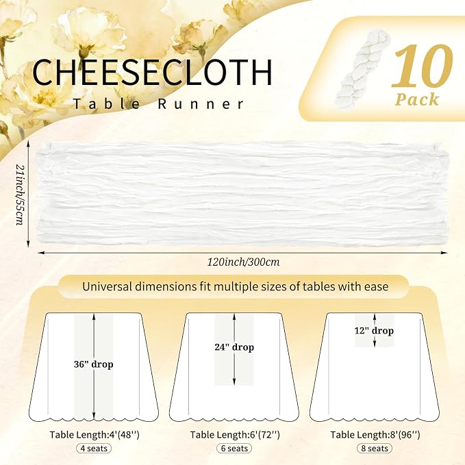 10 Pack Ivory White Cheesecloth Table Runner 10FT Boho Gauze Cheese Cloth Table Runners Romantic Rustic Sheer Table Decorations for Wedding Party Baby Shower Birthday Holiday Home