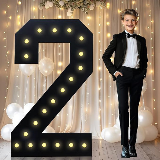 4FT Marquee Light Up Numbers, Black Giant Marquee Number Big Mosaic Number for 2nd 12th 21st Birthday Party Decorations Backdrop 2 Anniversary Decor, Pre-Cut Frame Large Number 2
