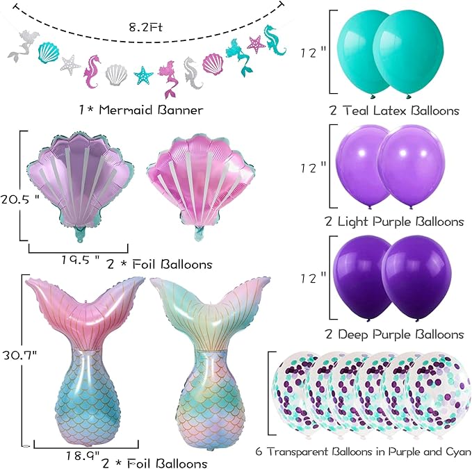 Mermaid Birthday Decorations for Girls Women 29pcs Party Supplies Including Pom Poms Flowers Happy Birthday Banner Dots Garland Hanging Swirls and Balloons Purple Teal Confetti