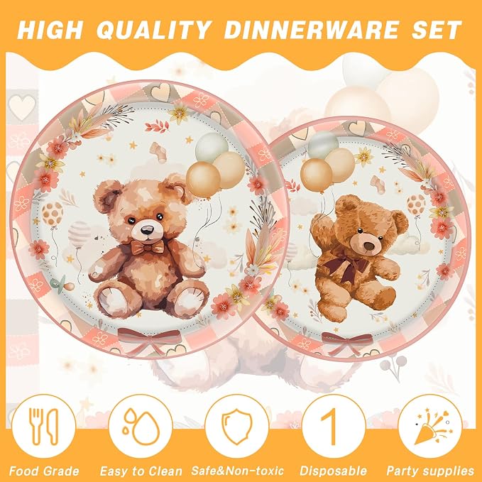 140pcs Gold Bear Birthday Party Decorations Tableware, Bear Table Centerpieces Party Supplies for Pets Lets Pawty Tableware Set Plates Napkins Cups Forks Knives for 20 Guests