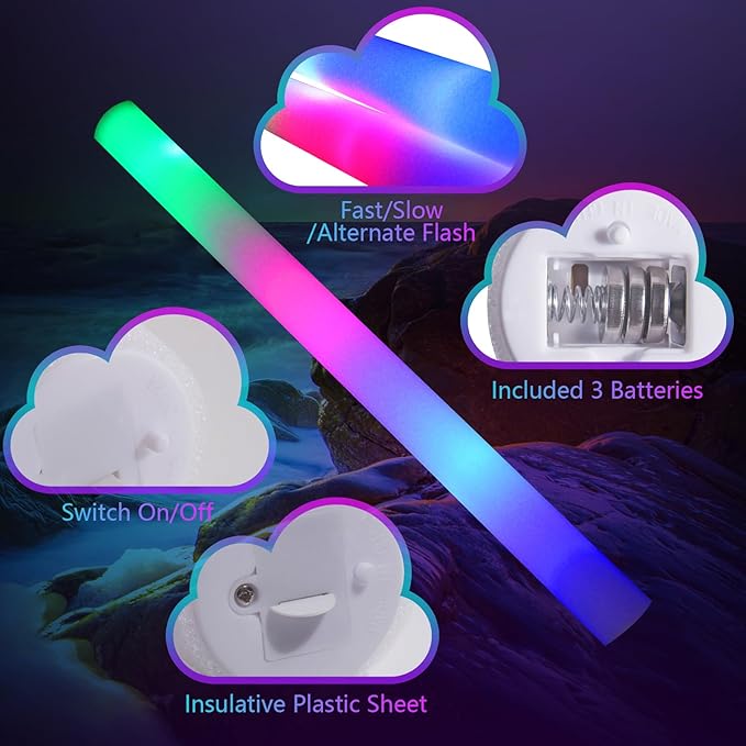 wellent 225 Foam Glow Sticks, Foam Light Up Sticks Party Supplies with 3 Mode Colorful Flashing, Glow Sticks Bulk Party Pack, Led Foam Sticks for Birthday, Wedding, New Year, Carnival, Concert