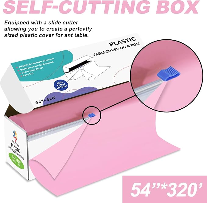54IN X 320FT Plastic Table Cover Roll with Cutter Box, Cut to Size Plastic Table Cloths for Parties, Birthday, Disposable Tablecloth Roll for All Shape Tables (Pink, 54 Inch X 320 Feet)
