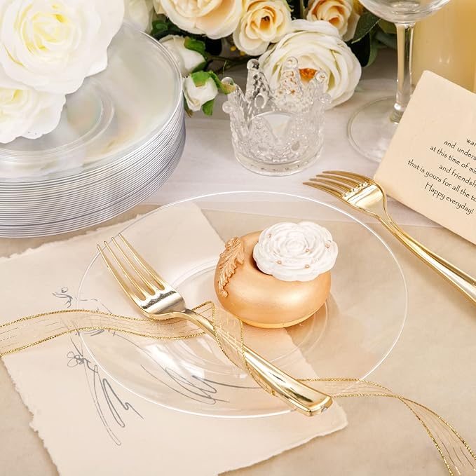 Hioasis 100pcs Clear Plastic Plates for Party - 7.5" Dinner Plates Disposable, Heavy -duty, Classy and Elegant for Wedding