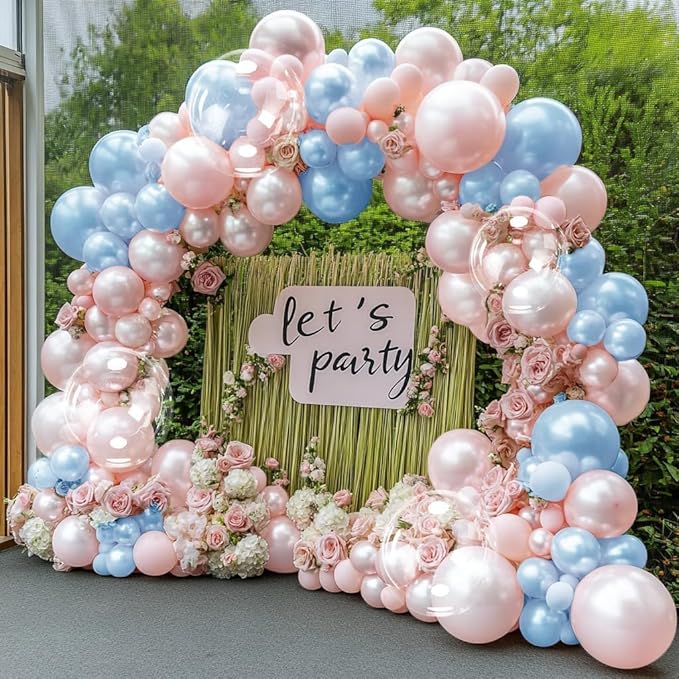Pearl Pink Balloon Arch Double Stuffed Pastel Light Baby Pink Balloon Garland Different Sizes With Clear Balloons for Birthday Wedding Valentines Day Bridal Baby Shower Engagement Party Decor