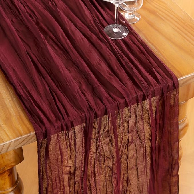DeZerlor Burgundy Red Cheesecloth Table Runner 6 Pack Spring Easter Table Runners Boho Gauze 120 Inches Cheese Cloth Table Decor for Wedding Bridal Baby Shower Parties