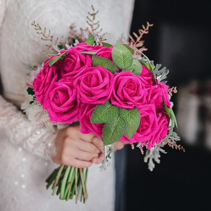 100 Pcs Artificial Foam Rose Flower Faux Bouquet Wedding Fake Rose Gift for Mother's Day Women DIY Bridal Shower Party Table Birthday Home Spring Decor (Hot Pink)