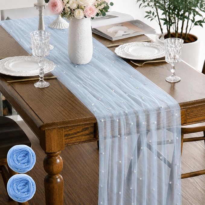 Pearl Blue Gauze Pearl Table Runner 120 Inch 10FT, Seasonal Sheer Dining Holiday Wedding Birthday Baby Shower Tulle Summer Table Decor for Home Party