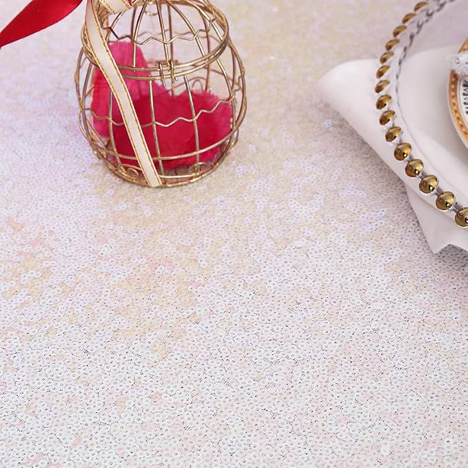 Eternal Beauty White Iridescent Tablecloth, 50x80 Inch Sequin Rectangle Table Cover for Cake Dessert Exhibition Party Birthday Events
