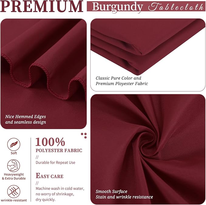 Showgeous 4 Pack Burgundy Rectangle Tablecloth 60 x 126 Inch, Wrinkle Resistant Washable Polyester Table Cloth Cover for Wedding Dining Table Buffet Parties