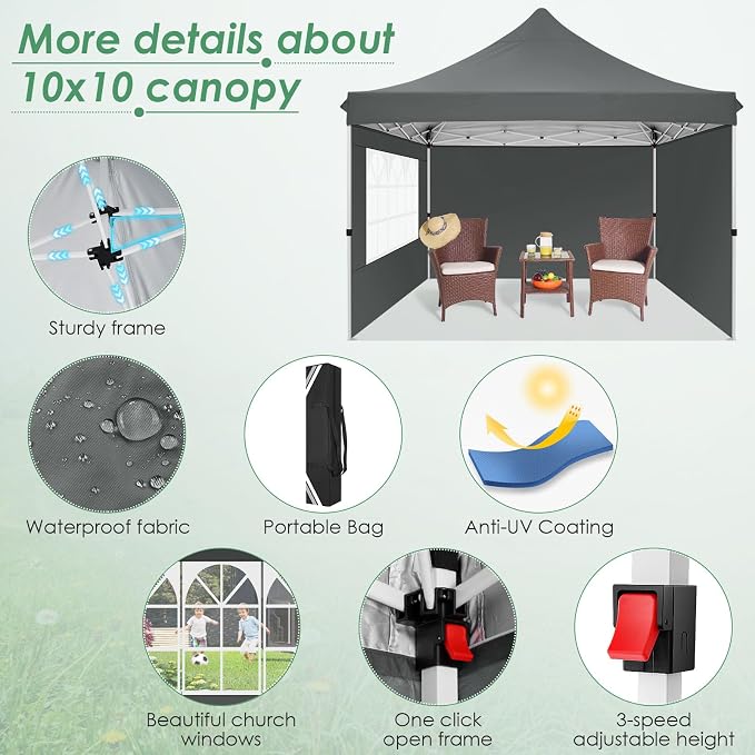 COBIZI 10x10 Pop Up Canopy Tent with 3 Sidewalls, Commercial Party Tent Ez Waterproof Outdoor Instant Gazebo UV 50+ Event Shelter, Garden Tents for Parties Camping with Sandbags, Grey