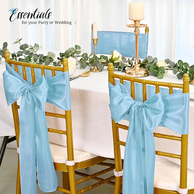 Pesonlook 120 PCS Light Blue Satin Chair Sashes Bows Satin Chair Sashes Universal Chair Cover for Wedding Reception Restaurant Event Decoration Banquet,Party,Hotel Event Decorations (7 x 108 inch)