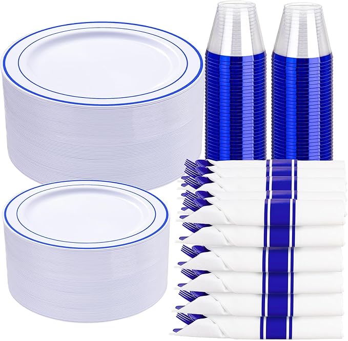 WELLIFE 350 Pieces Blue Plastic Plates - Disposable Silverware and Cups, Include: 50 Dinner Plates 10.25”, 50 Dessert Plates 7.5”, 50 Blue Cups 9 OZ, 50 Plastic Cutlery