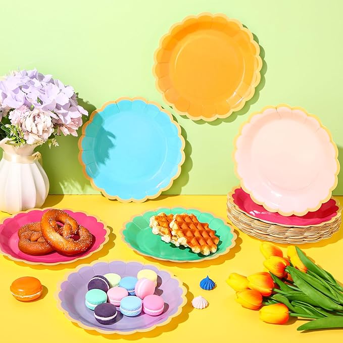 48 Pcs Candy Color Paper Plates 9 Inch Light Colorful Rainbow Scalloped Paper Disposable Dinner Dessert Plates for Birthday Wedding Bridal Party Supplies, 6 Colors