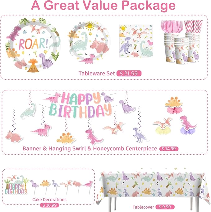 Pastel Dinosaur Birthday Decorations Girl, Dinosaur Birthday Banner, Cupcake Toppers, Disposable Table Cloth, Plates and Napkins Serve 50 Guests, Pink Watercolor Cute Girls Dino Theme Party Supplies