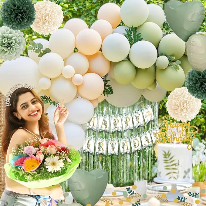 Birthday Decorations Set, Sage Green Party Decoration with Sage Green Balloons, Banner, Pom Poms, Fringe Curtain Background, Birthday Crown, Shoulder Strap for Girls Women Boho Party Supplies