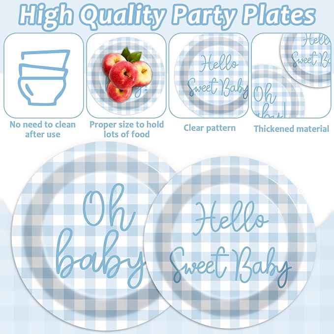 96PCS Blue Baby Shower Decorations Blue Plaid Paper Plates Scalloped Napkin Plaid Tableware Set Hello Sweet Boy Disposable Dinnerware Party Favors for Gender Reveal Birthday Party Supplies
