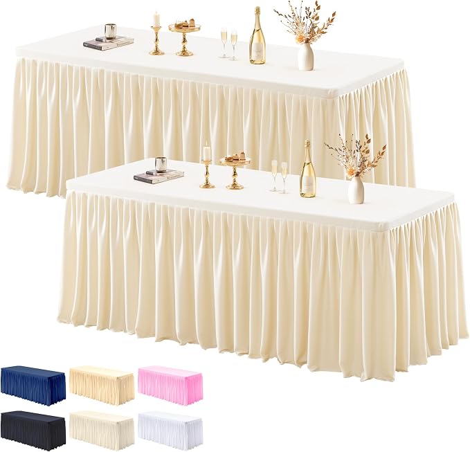 2 Pack Champagne Tablecloths for Rectangle Tables 8ft, Wrinkle Resistant Spandex Tablecover Fitted Stretch Table Cloth with Pleated Ruffle Table Skirts for Party Banquet Dining Birthday Wedding