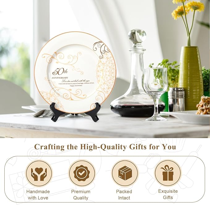 Urllinz 50th Anniversary Wedding Gifts for Couples Parents Grandparents- Golden Wedding Anniversary Keepsake Gift, 50 Year Marriage Plate with Stand, Ceramic with 24k Gold Foil, 9 inch