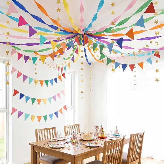 Frienda 14 Pcs Rainbow Party Decorations Set 492 ft Colorful Crepe Paper Streamers, 52.8ft Gold Star Garlands Backdrop and 4 Pennant Banner Flags for Wedding Birthday Fancy Party Hanging Decorations