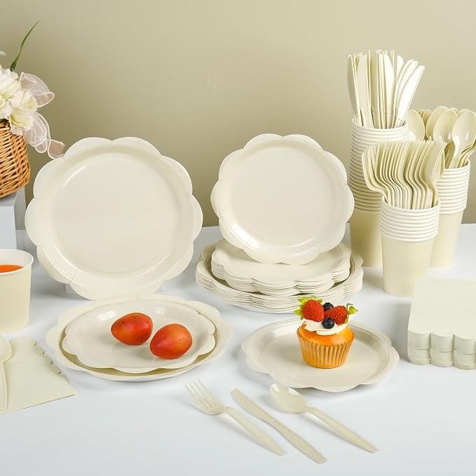 400 Pcs Ivory Paper Plates and Napkins Set Party Supplies, Tableware set for 50 Guest include Disposable Ivory Scalloped Plates Napkins Knives Forks Spoons Cups for Baby Shower Bridal Shower Wedding