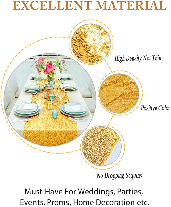 ShinyBeauty 15 Pack Gold Sequin Table Runners 12x108 inches Long - Sparkly Glitter Table Linens for Wedding, Party, and Elegant Events
