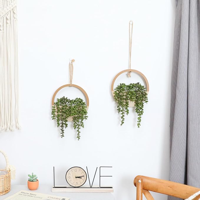 Floweroyal 2pcs Artificial Succulents Hanging Plants 20.1'' Fake String of Pearls in Pot with 9.4'' Lanyard for Indoor Outdoor Wall Decor（Wood Color）