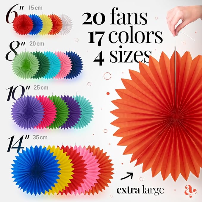 Colorful Paper Fans - Rainbow Party Decorations - Happy Birthday Decorations for Women, Men and Kids - Reusable Fiesta Party Decor by Avoseta (20 Piece Set, Assorted Sizes, Multicolor)