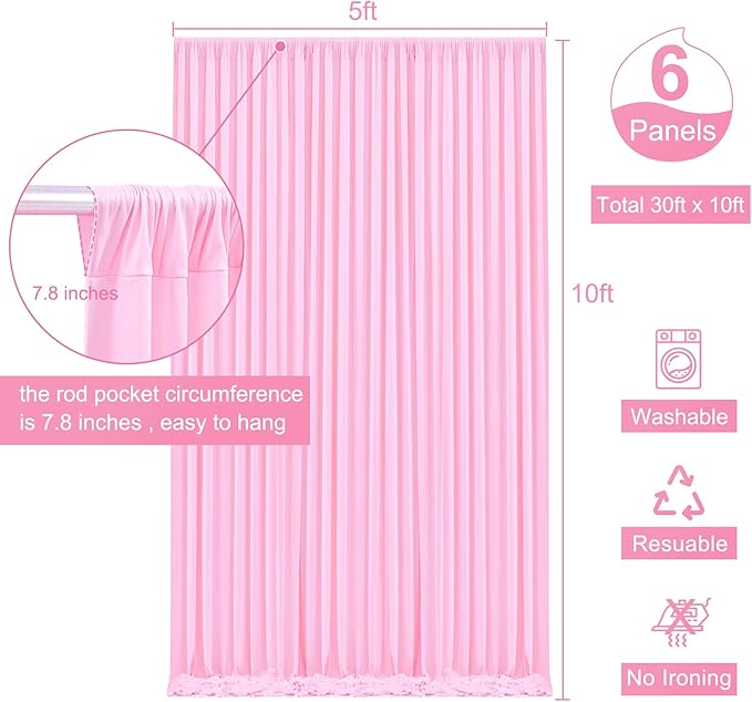 6 Panels Pink Backdrop Curtain for Parties Baby Shower Wrinkle Free Pink Photo Curtains Backdrop Drapes Fabric Decoration for Wedding Birthday Party 30ft(W) x 10ft(H)