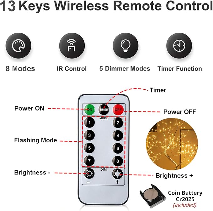 PXBNIUYA 108 LED Sparkly Fairy Tree Lamp, Warm White, Remote Control, USB/Battery, 8 Modes, DIY Bonsai Decor, Festival Decoration Light