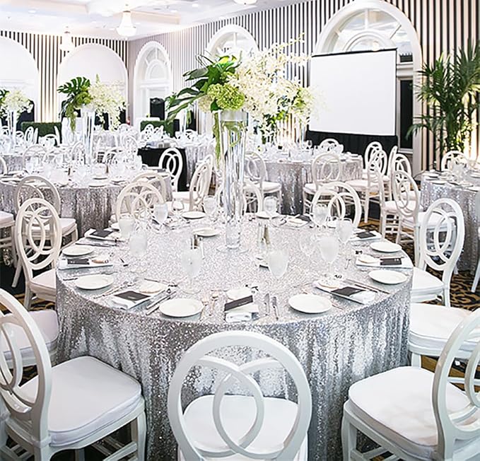 B-COOL Sequin Tablecloth Round Party Decorations: 132 Inch Silver Tablecloth Sequin Overlay Glitter Fabric for Indoor and Outdoor Gathering Christmas Parties