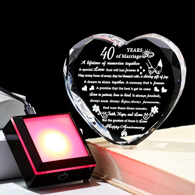 40th Wedding Anniversary Crystal Gifts for Couples Parents, Romantic Heart 40th Anniversary Keepsake Gifts for Her Him, 40 Years of Anniversary Marriage Gifts for Wife Husband