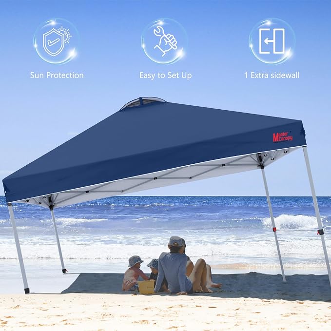 MASTERCANOPY 8x8 Pop Up Canopy Tent with 1 Sidewall, 1 Person Setup Instant Shelter, Outdoor Portable Beach Canopy, 1 Roller Bag, 4 Sandbags, 4 Ropes, 8 Stakes (8x8, Navy Blue)
