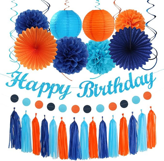 Royal-Light Blue Orange Happy-Birthday Party-Decorations - 31pcs Men Boys Paper Lanterns Streamers Banner,Navy Tissue Flowers Pom Poms Fans Tassels Garland Decor Backdrop Supplies Hugmoon