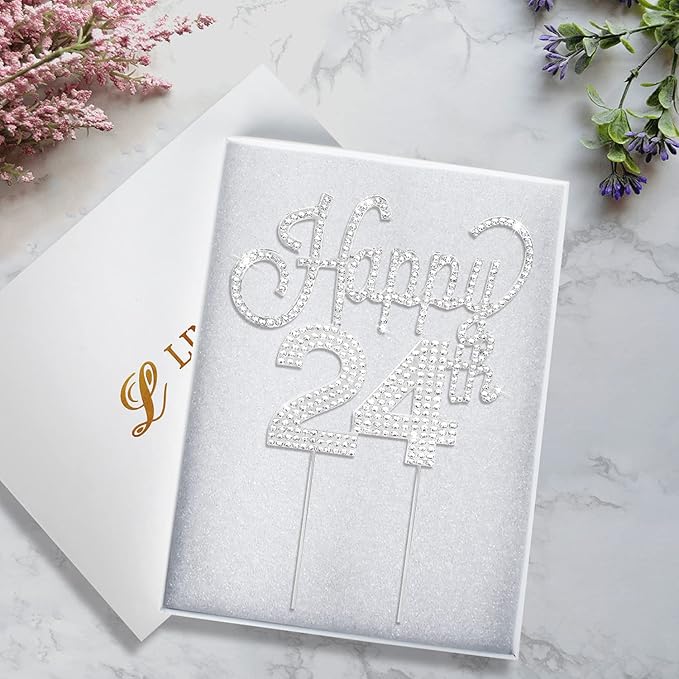 LINGTEER Happy 24th Birthday Silver Rhinestone Cake Topper - Cheers to 24th Birthday 24 Years Old Party Cake Centerpieces Topper Decorations Gift Sign.