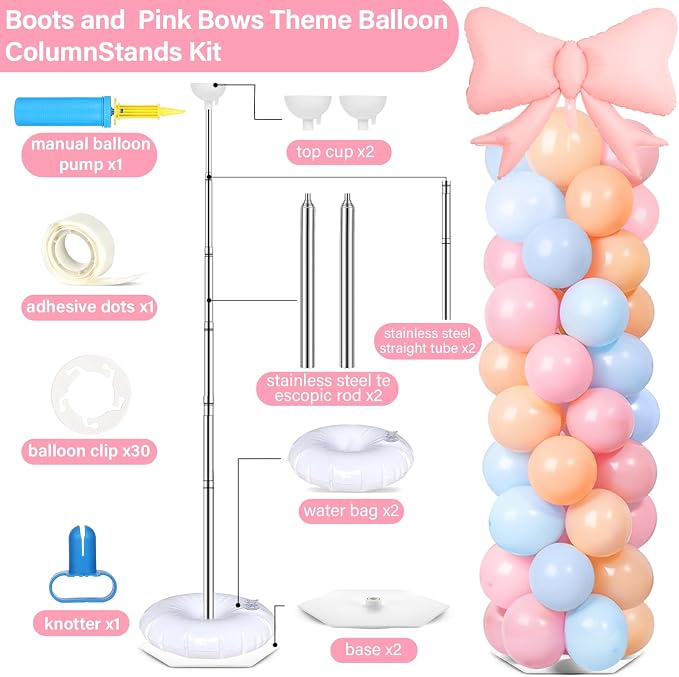 2 Sets Boots or Bows Gender Reveal Decoration Balloon Column Stand Kit with 102 Blue Pink Balloons 5.57ft Balloon Tower Stand with Base Arch for Western Cowgirl Cowboy Baby Shower Party Decor Supplies