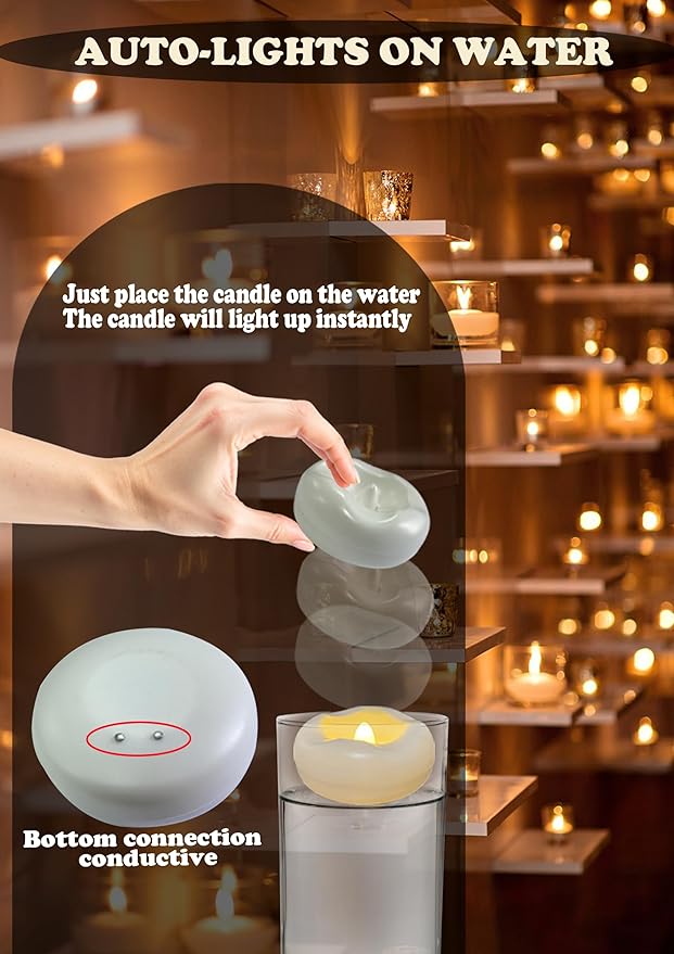 Floating Candles, Water-Activated 2.3" Flameless LED Candle 150+ Hours Waterproof Plastic White Battery Operated Candle for Centerpieces, Cylinder Vases Table Decorations Wedding Pool Party 12 Packs