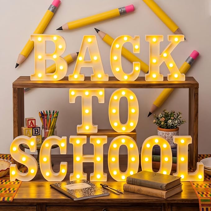 Honoson 12 Pcs Back to School Decoration LED Letter Lights Sign Neon Marquee Lights First Day of School Table Decoration for Classroom Office Desktop Decor