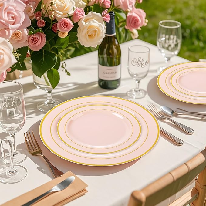 GATHER 350PCS Pink Plastic Plates - Disposable Plastic Dinnerware Set Include 100 Pink Plates, 150 Silverware, 50 Napkins, 50 Cups for Party & Wedding & Baby Shower & Mother‘s Day