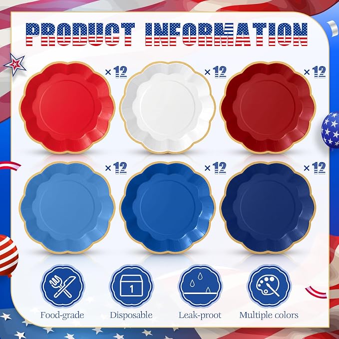 72 Pcs 4th of July Paper Plates 9 Inch Red White and Blue Scalloped Paper Disposable Dinner Dessert Plates for Memorial Day Veterans Independence Day Party Decorations