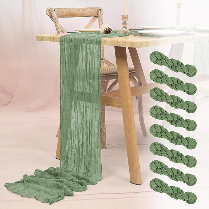 8 Pack Sage Green Cheesecloth Table Runner 10FT Boho Gauze Cheese Cloth Table Runner Rustic Sheer Fabric Table Runners for Wedding Bridal Shower Baby Shower Party(21.5×120 Inch)